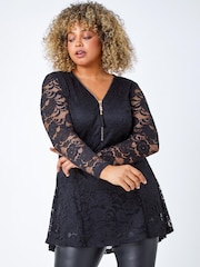 Roman Black Curve Zip Front Lace Stretch Blouse - Image 1 of 4