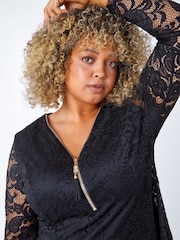 Roman Black Curve Zip Front Lace Stretch Blouse - Image 2 of 4