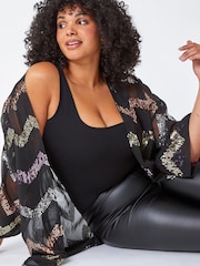 Roman Black Curve Sequin Zig Zag Kimono Blouse - Image 4 of 5
