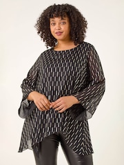 Roman Black Curve Chiffon Overlay Foil Tunic Top - Image 1 of 5