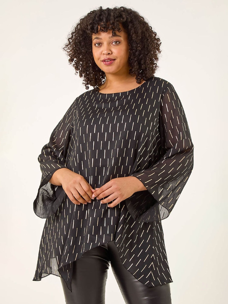 Roman Black Curve Chiffon Overlay Foil Tunic Top - Image 1 of 5 Roman Black Curve Chiffon Overlay Foil Tunic Top - Image 1 of 5
