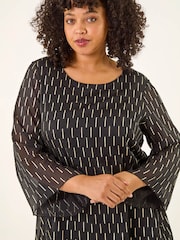 Roman Black Curve Chiffon Overlay Foil Tunic Top - Image 4 of 5