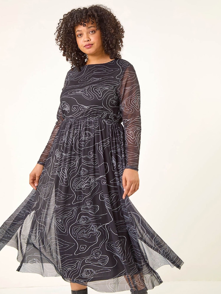 Roman Black Curve Abstract Swirl Midi Dress - Image 1 of 5 Roman Black Curve Abstract Swirl Midi Dress - Image 1 of 5