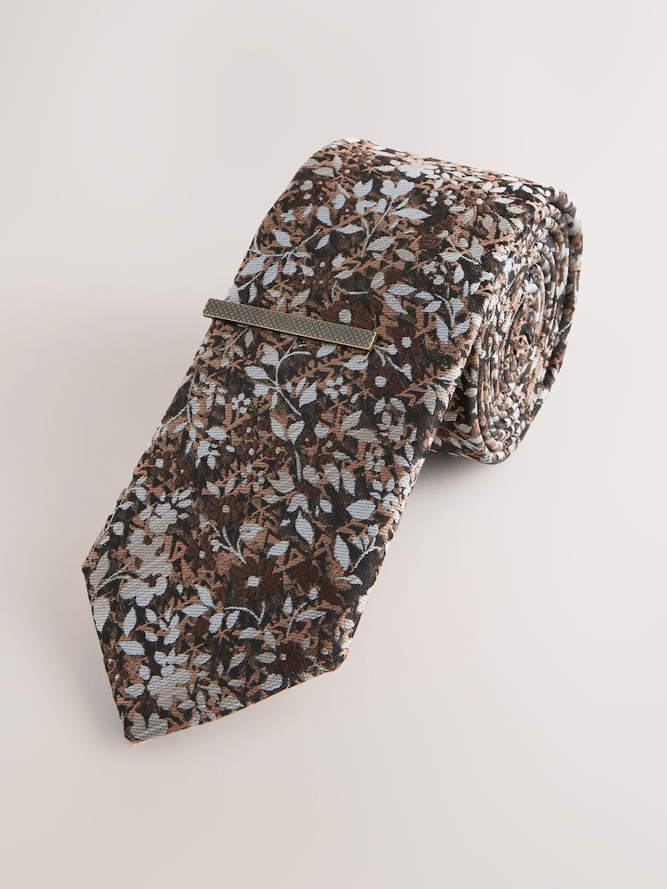 Brown Floral Tie and Clip Set - Image 1 of 3