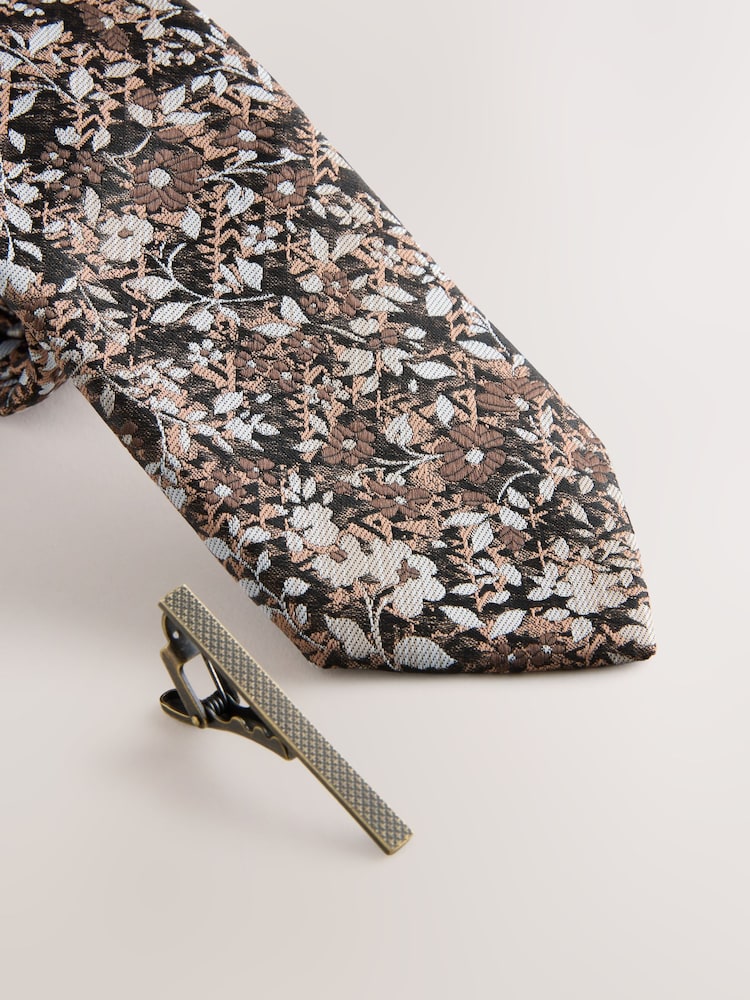 Brown Floral Tie and Clip Set - Image 3 of 3