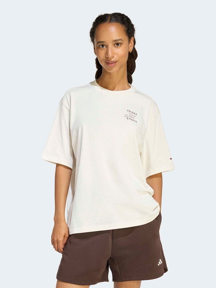 adidas White 3 Stripe Studio Graphic T-Shirt - Image 1 of 6