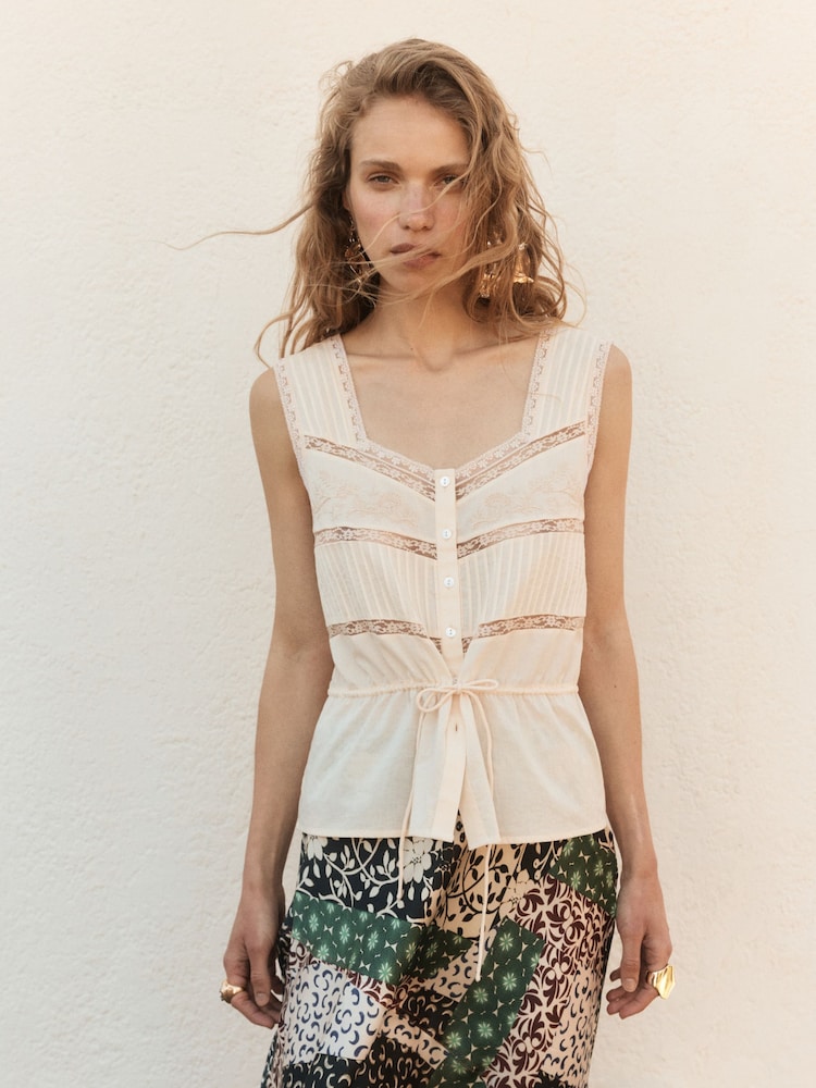 BHOEM Peach Pink Embroidered Cotton Lace Trim Top - Image 1 of 5