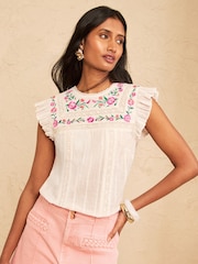 Love & Roses Ivory Embroidered Crew Neck Flutter Sleeve Blouse - Image 1 of 5