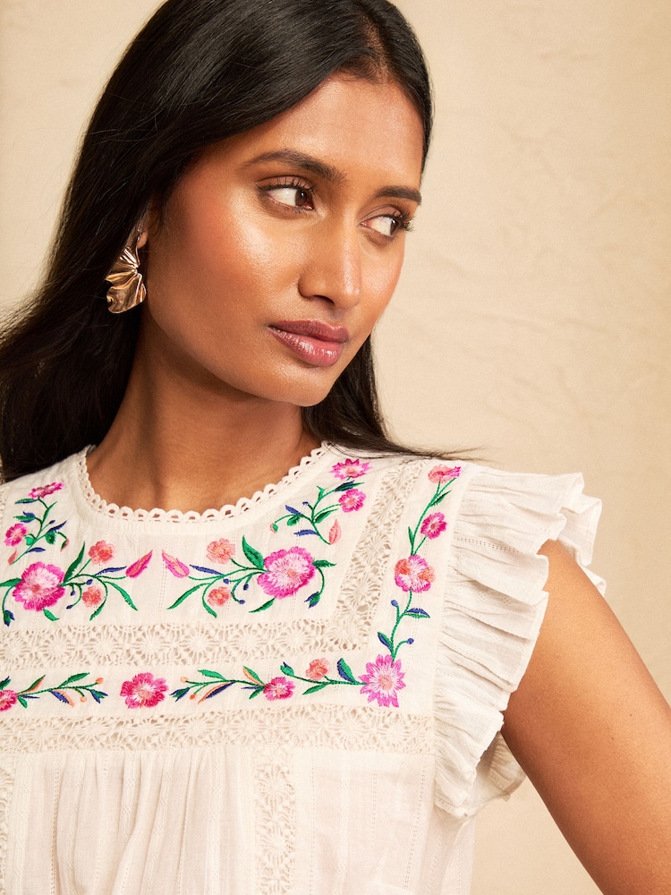 Love & Roses Ivory Embroidered Crew Neck Flutter Sleeve Blouse - Image 2 of 5