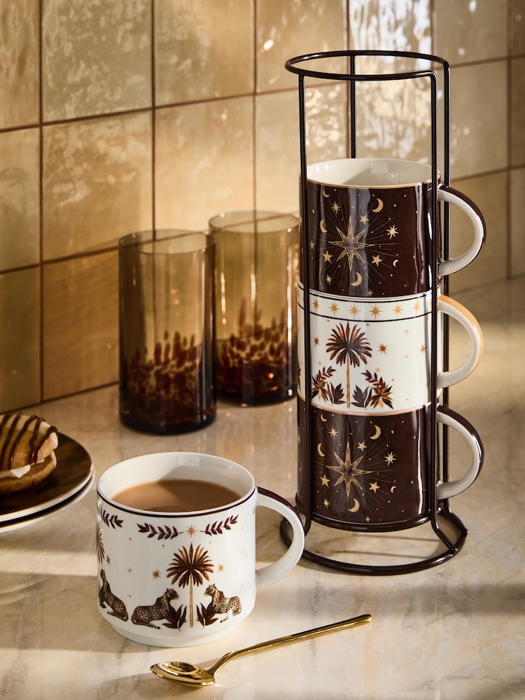 Set of 4 Multi Glamtique Celestial and Safari Leopard Mugs with Wire Stand - Image 2 of 4 Set of 4 Multi Glamtique Celestial and Safari Leopard Mugs with Wire Stand - Image 2 of 4