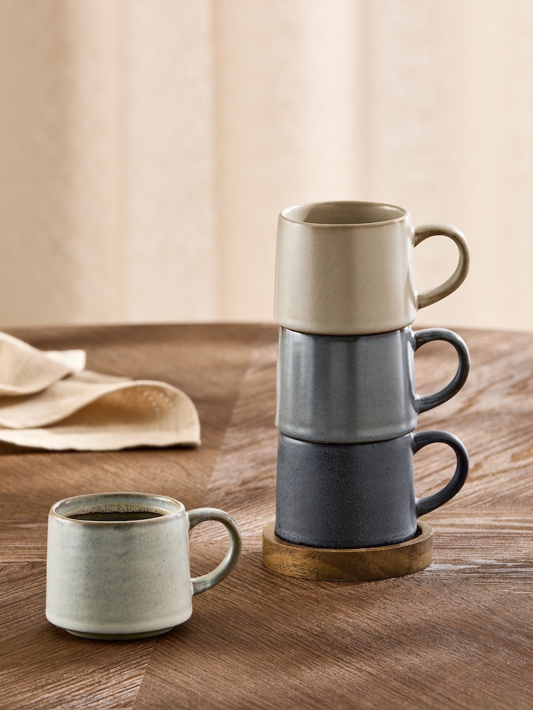 Grey Scandi Stacking Mugs With Set of 4 Stacking Espresso Wooden Tray - Image 1 of 4