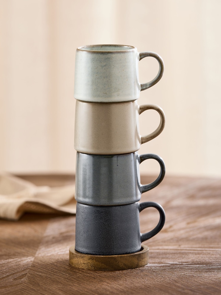 Grey Scandi Stacking Mugs With Set of 4 Stacking Espresso Wooden Tray - Image 2 of 4