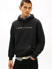 Tommy Jeans Black Linear Logo Embroidery Kangaroo Pocket Hoodie - Image 1 of 5