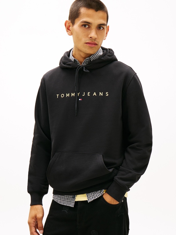 Tommy Jeans Black Linear Logo Embroidery Kangaroo Pocket Hoodie - Image 1 of 5