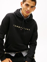 Tommy Jeans Black Linear Logo Embroidery Kangaroo Pocket Hoodie - Image 2 of 5
