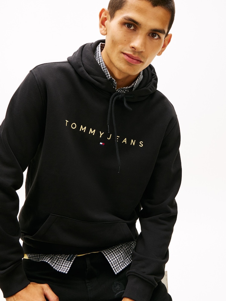 Tommy Jeans Black Linear Logo Embroidery Kangaroo Pocket Hoodie - Image 2 of 5