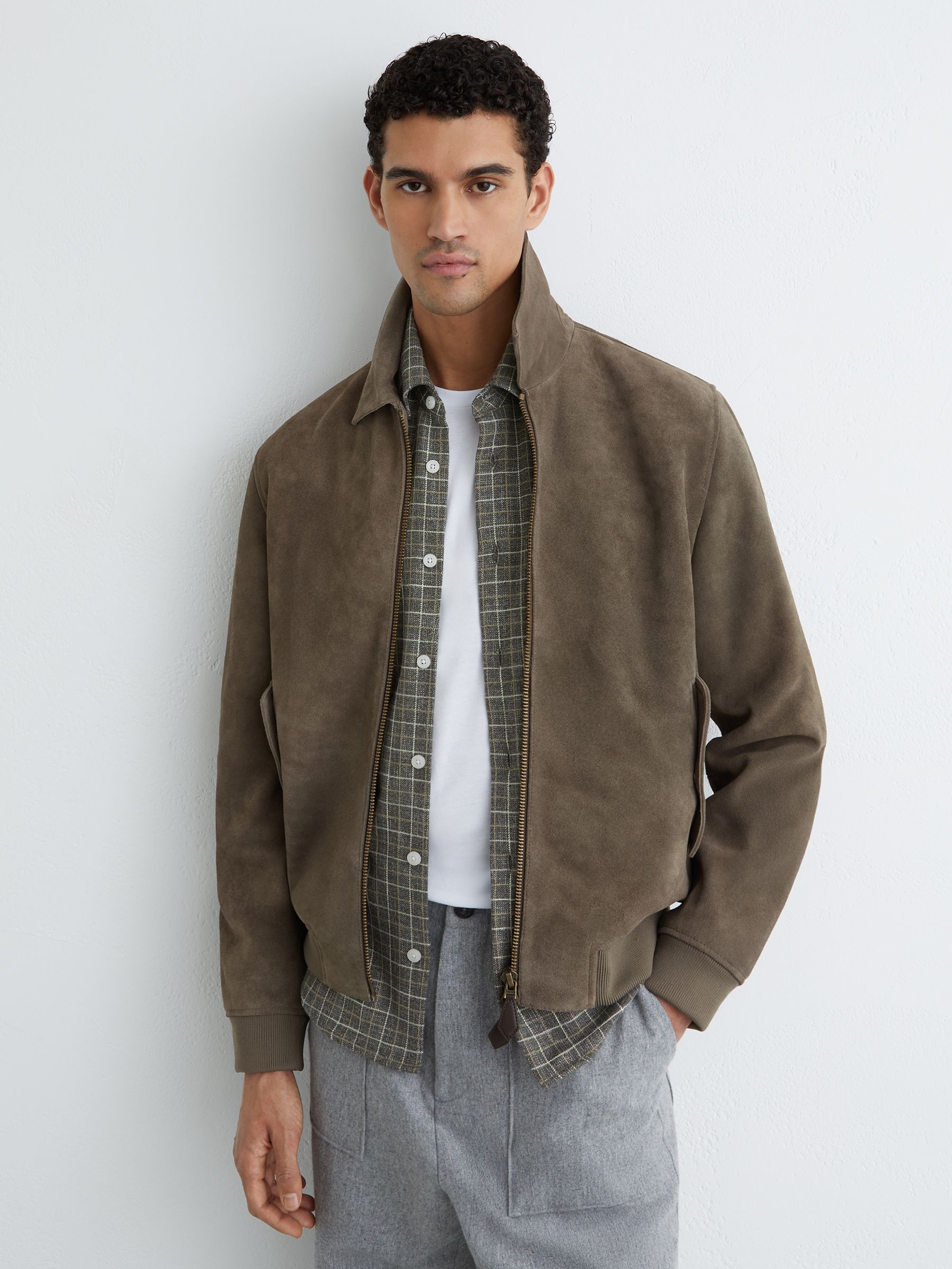 Buy Reiss Olive Green Sainsie Suede Zip-Through Jacket from the
