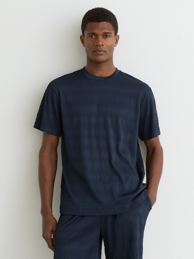Reiss Airforce Blue Cox Textured-Wave Relaxed-Fit T-Shirt - Image 1 of 6