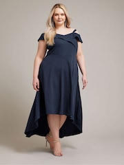 YOURS LONDON Curve Navy Blue Black Bardot Dipped Hem Dress - Image 1 of 5