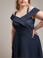 YOURS LONDON Curve Navy Blue Black Bardot Dipped Hem Dress - Image 2 of 5