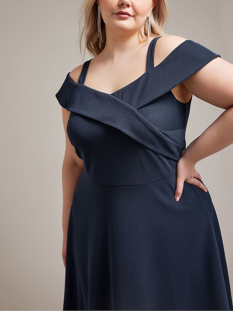 YOURS LONDON Curve Navy Blue Black Bardot Dipped Hem Dress - Image 2 of 5
