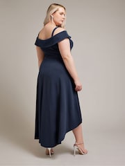 YOURS LONDON Curve Navy Blue Black Bardot Dipped Hem Dress - Image 3 of 5