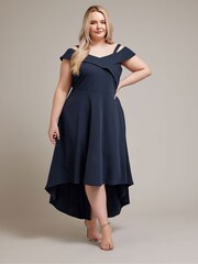 YOURS LONDON Curve Navy Blue Black Bardot Dipped Hem Dress - Image 4 of 5
