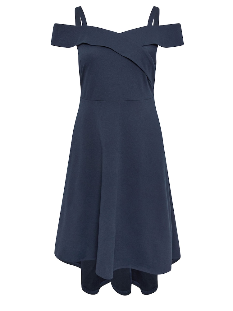 YOURS LONDON Curve Navy Blue Black Bardot Dipped Hem Dress - Image 5 of 5