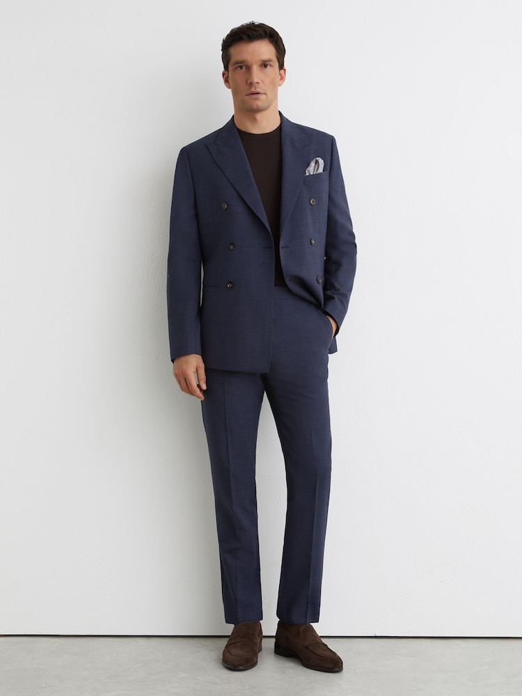 Reiss Airforce Blue Fibre Side Adjuster Wool Textured Tailored-Fit Trousers - Image 1 of 6 Reiss Airforce Blue Fibre Side Adjuster Wool Textured Tailored-Fit Trousers - Image 1 of 6