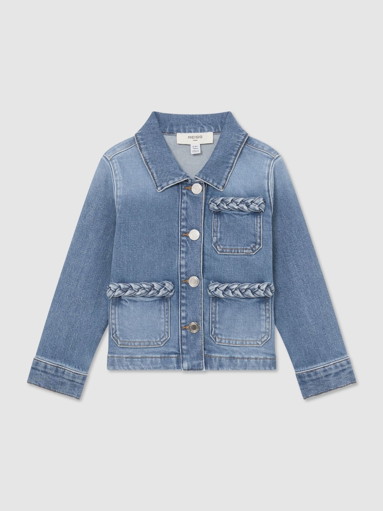 Reiss Denim Blue Ariel 9-13 yrs Plaited-Trim Denim Jacket - Image 2 of 3 Reiss Denim Blue Ariel 9-13 yrs Plaited-Trim Denim Jacket - Image 2 of 3