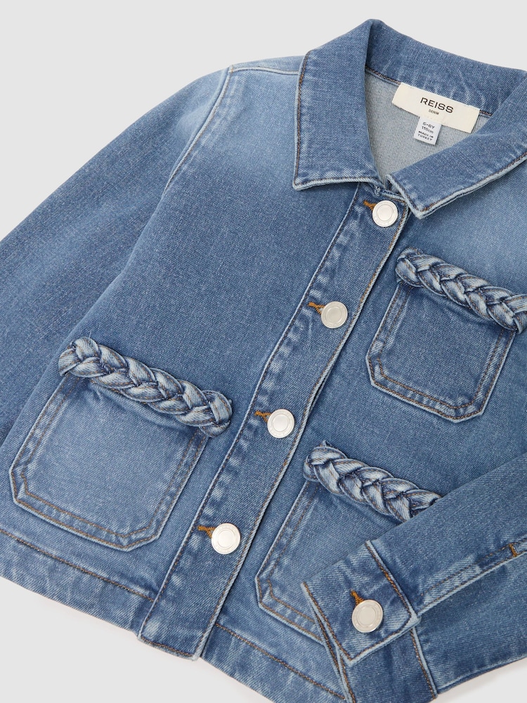 Reiss Denim Blue Ariel 9-13 yrs Plaited-Trim Denim Jacket - Image 3 of 3 Reiss Denim Blue Ariel 9-13 yrs Plaited-Trim Denim Jacket - Image 3 of 3