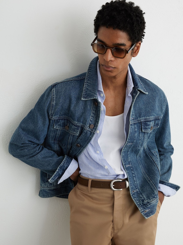 Reiss Indigo Blue Wash Place Denim Trucker Jacket - Image 1 of 6