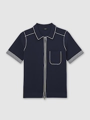 Reiss Navy Blake Stitch-Detail Zip-Through Knit Shirt - Image 2 of 6