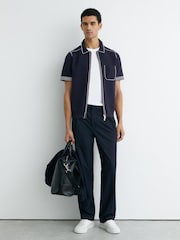 Reiss Navy Blake Stitch-Detail Zip-Through Knit Shirt - Image 3 of 6