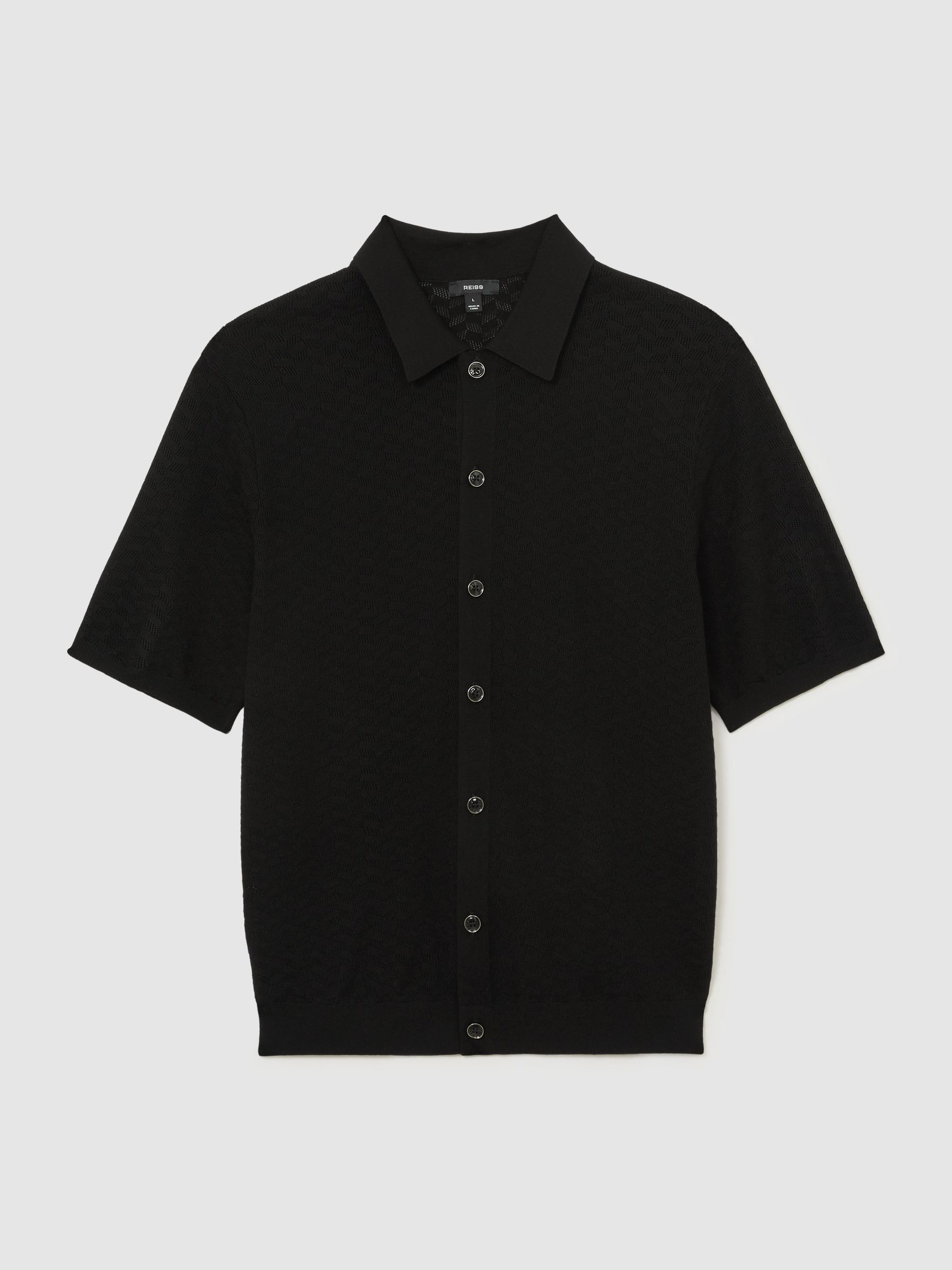 Buy Reiss Black Phoenix Textured-Knit Button-Through Shirt from
