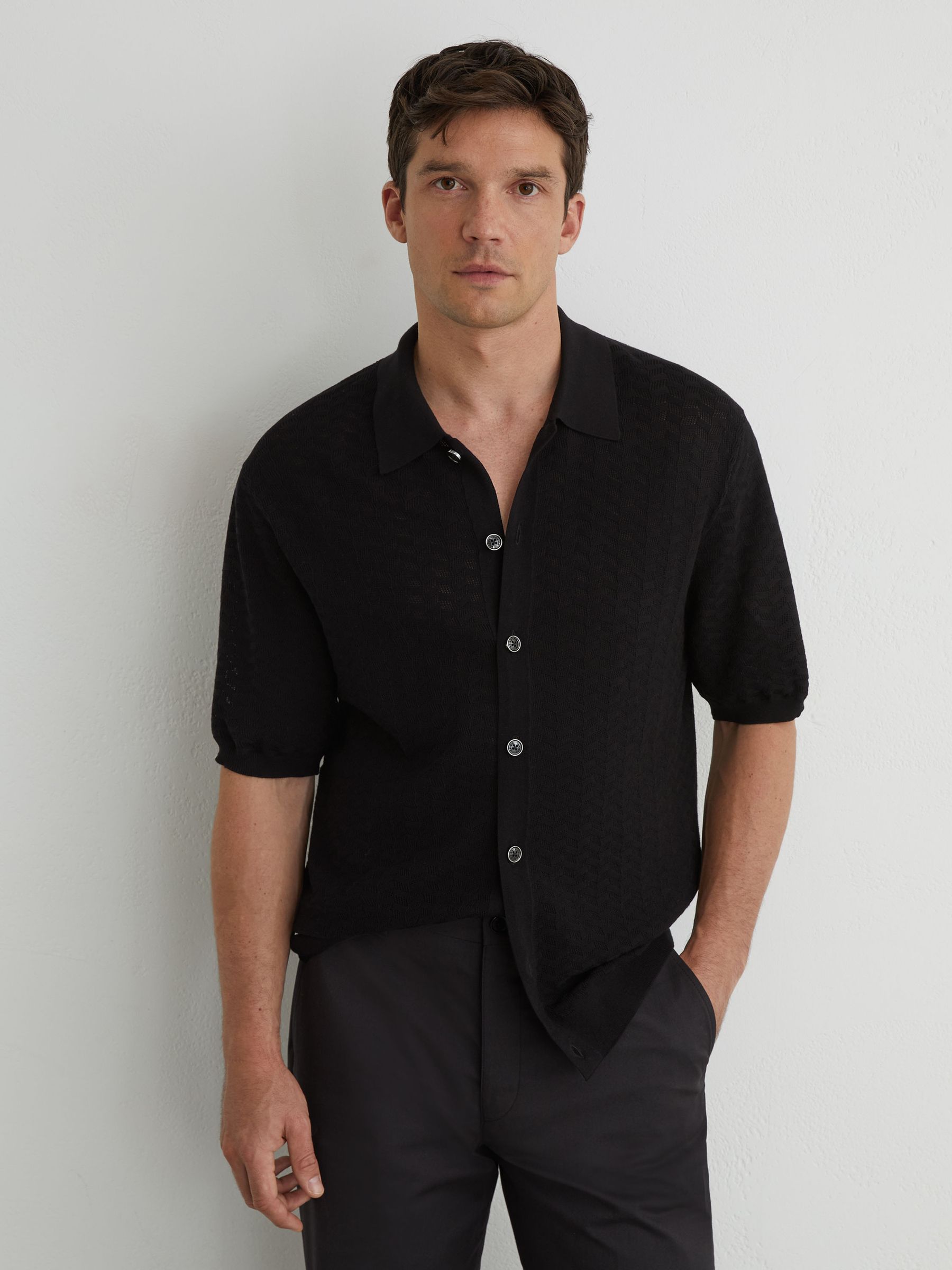 Buy Reiss Black Phoenix Textured-Knit Button-Through Shirt from