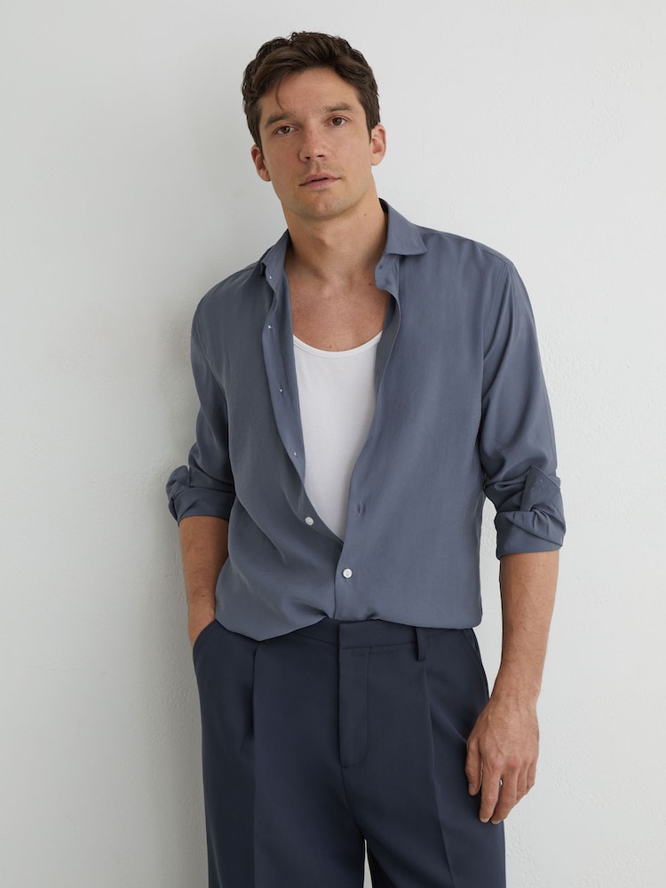 Reiss Airforce Blue Oscar Modal-Blend Regular-Fit Shirt - Image 1 of 7