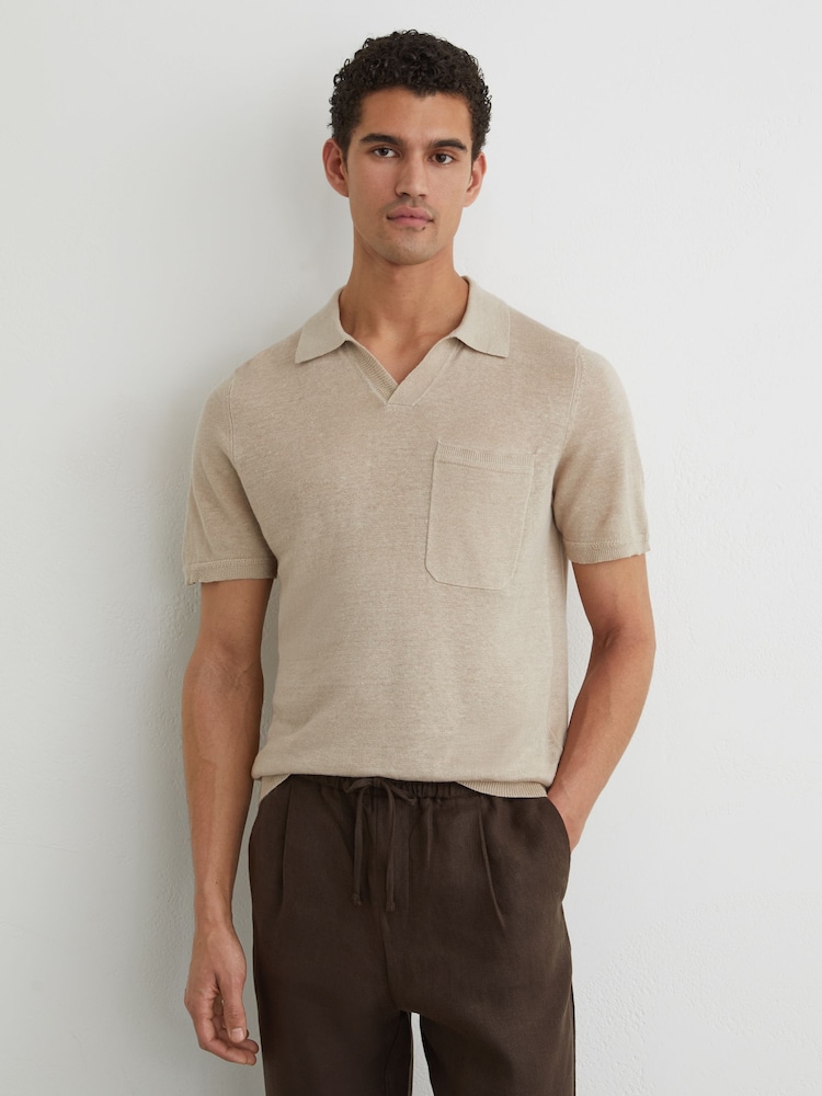 Reiss Beige Fairmont Linen Open-Collar Knit Polo Shirt - Image 1 of 6