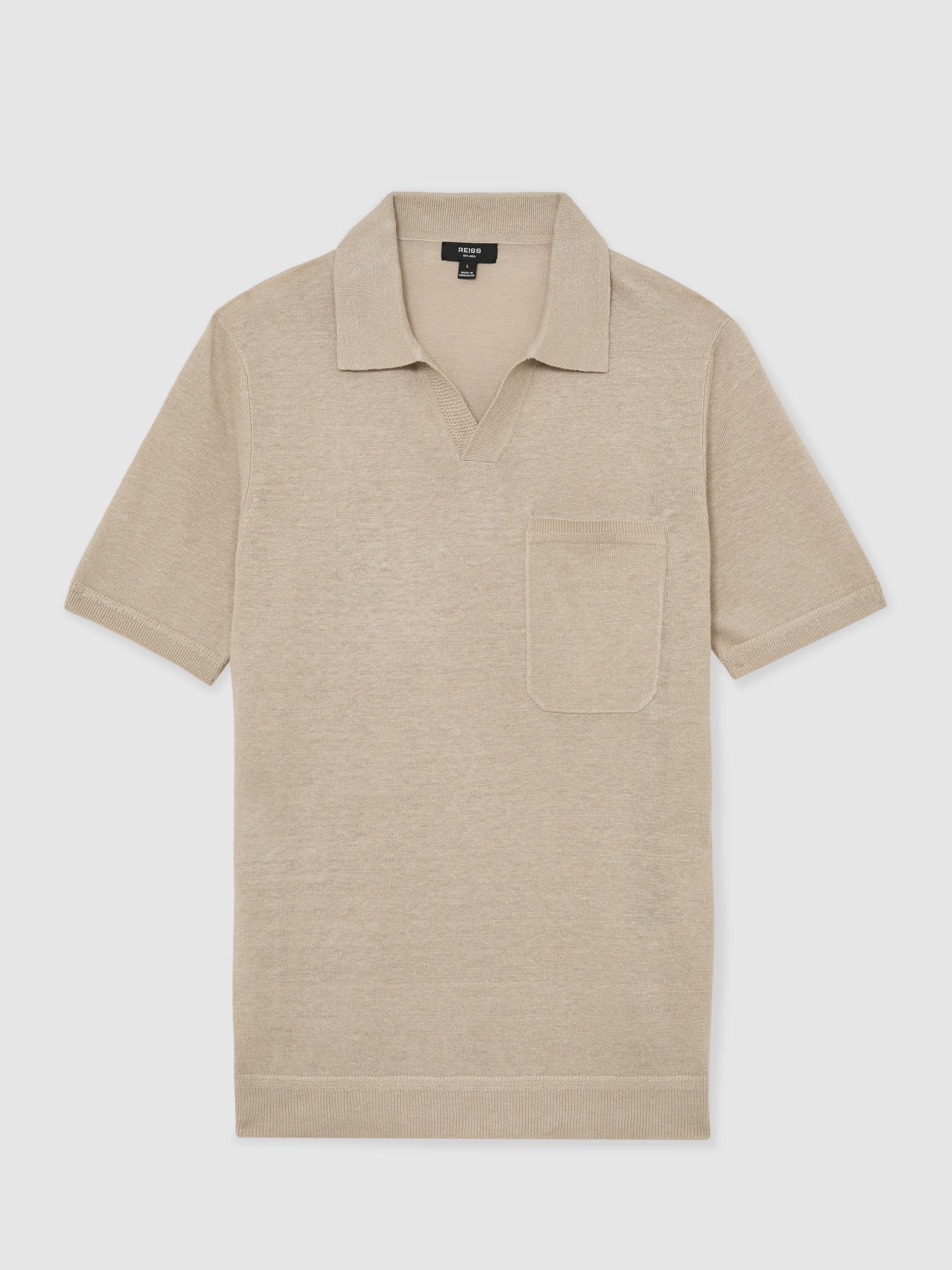 Buy Reiss Beige Fairmont Linen Open-Collar Knit Polo Shirt from