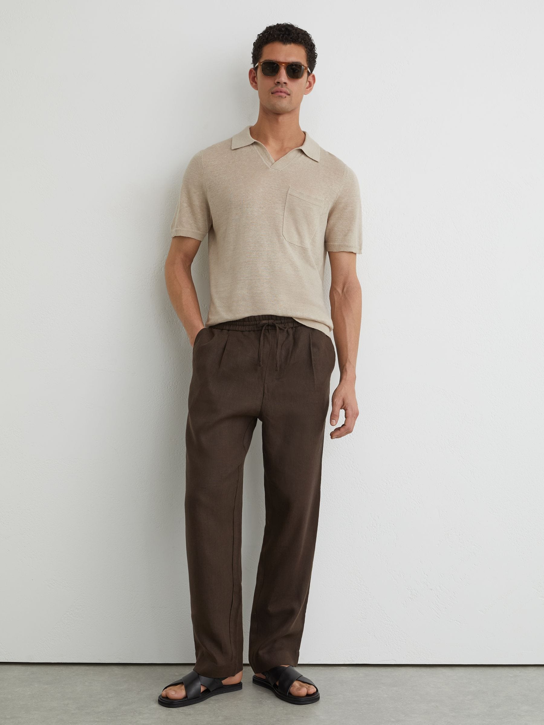 Buy Reiss Beige Fairmont Linen Open-Collar Knit Polo Shirt from