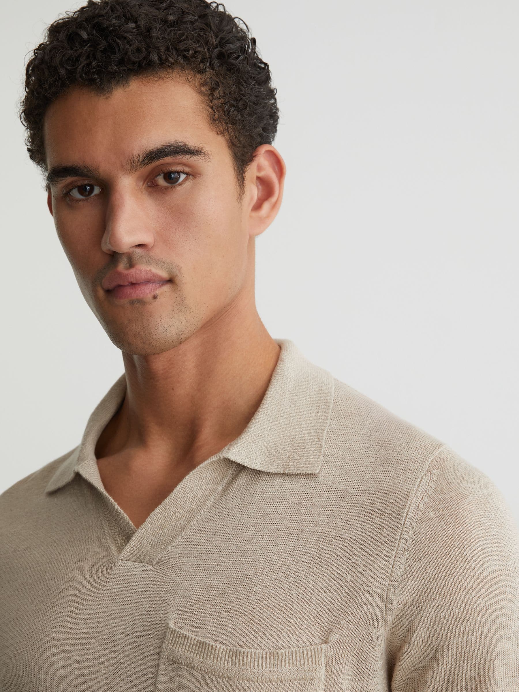 Buy Reiss Beige Fairmont Linen Open-Collar Knit Polo Shirt from