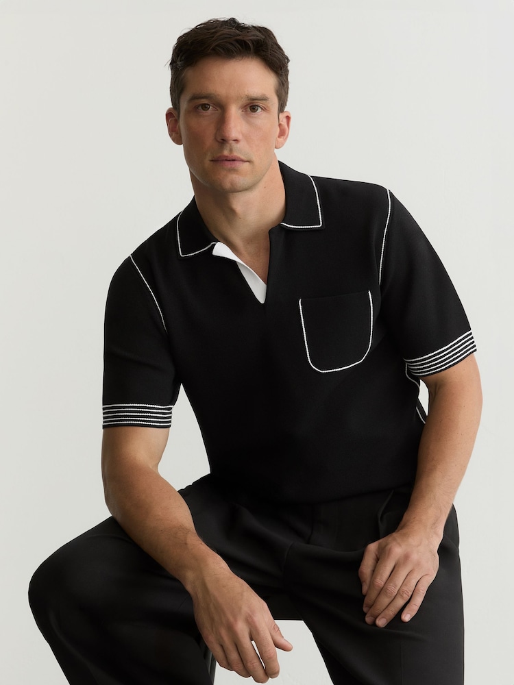 Reiss Black Newbury Contrast-Stitch Knitted Polo Shirt - Image 1 of 6
