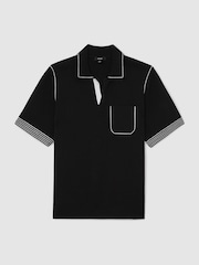 Reiss Black Newbury Contrast-Stitch Knitted Polo Shirt - Image 2 of 6