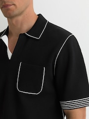 Reiss Black Newbury Contrast-Stitch Knitted Polo Shirt - Image 3 of 6