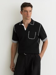 Reiss Black Newbury Contrast-Stitch Knitted Polo Shirt - Image 4 of 6