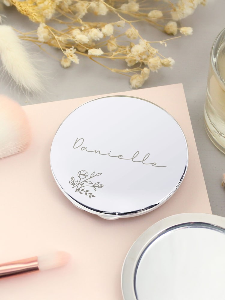 Personalised Floral Round Compact Mirror by PMC - Image 1 of 3 Personalised Floral Round Compact Mirror by PMC - Image 1 of 3