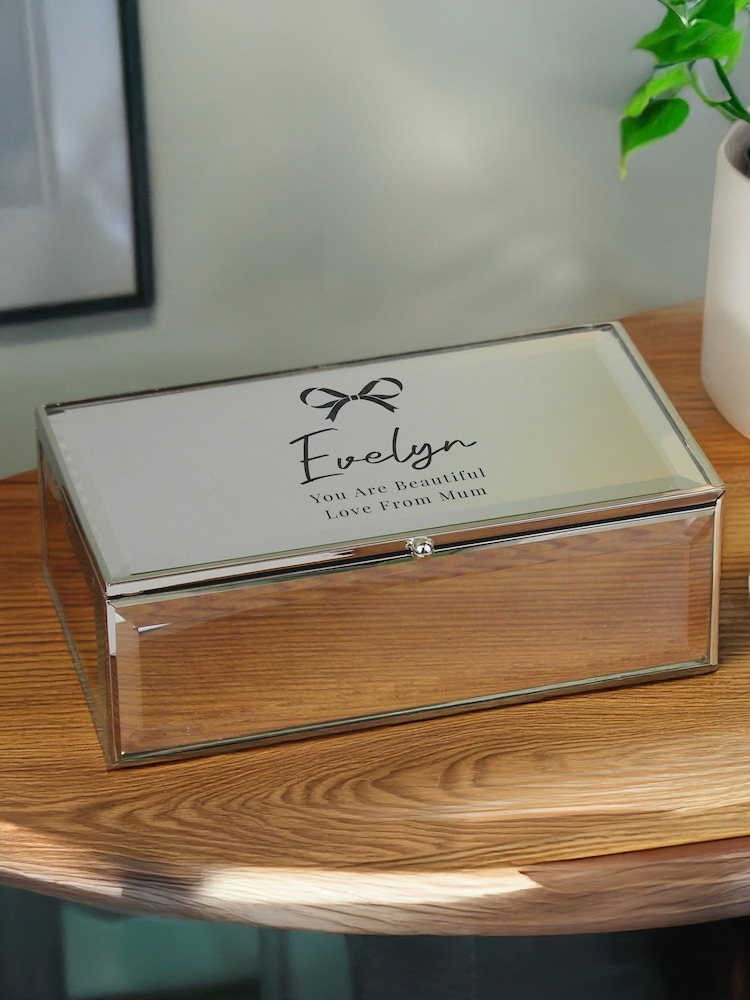Personalised Bow Mirrored Jewellery Box by PMC - Image 1 of 3 Personalised Bow Mirrored Jewellery Box by PMC - Image 1 of 3
