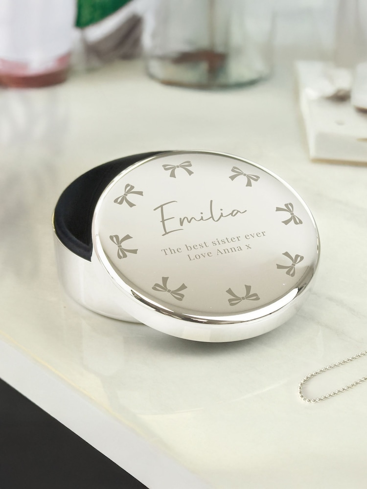 Personalised Personalised Bow Round Trinket Box by PMC - Image 1 of 3 Personalised Personalised Bow Round Trinket Box by PMC - Image 1 of 3