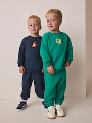 Green/Navy Back Print Crew Neck Joggers Set 4 Piece (3mths-7yrs) - Image 1 of 5