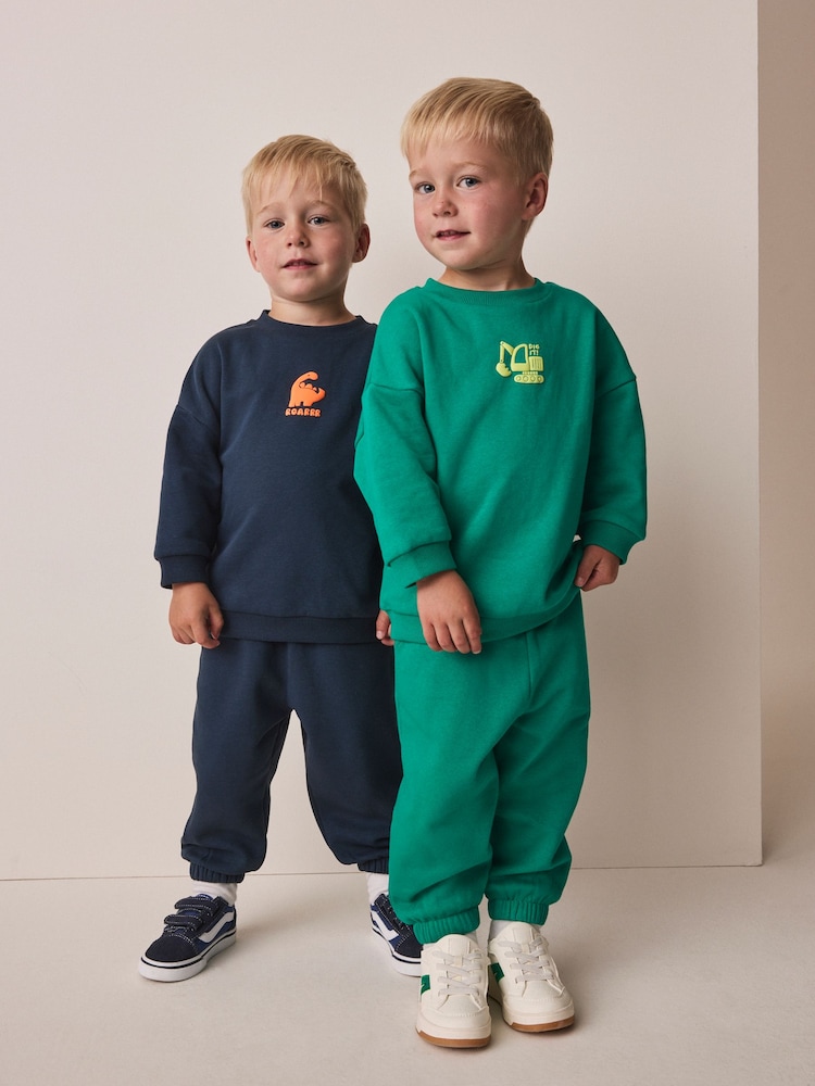 Green/Navy Back Print Crew Neck Joggers Set 4 Piece (3mths-7yrs) - Image 1 of 5 Green/Navy Back Print Crew Neck Joggers Set 4 Piece (3mths-7yrs) - Image 1 of 5